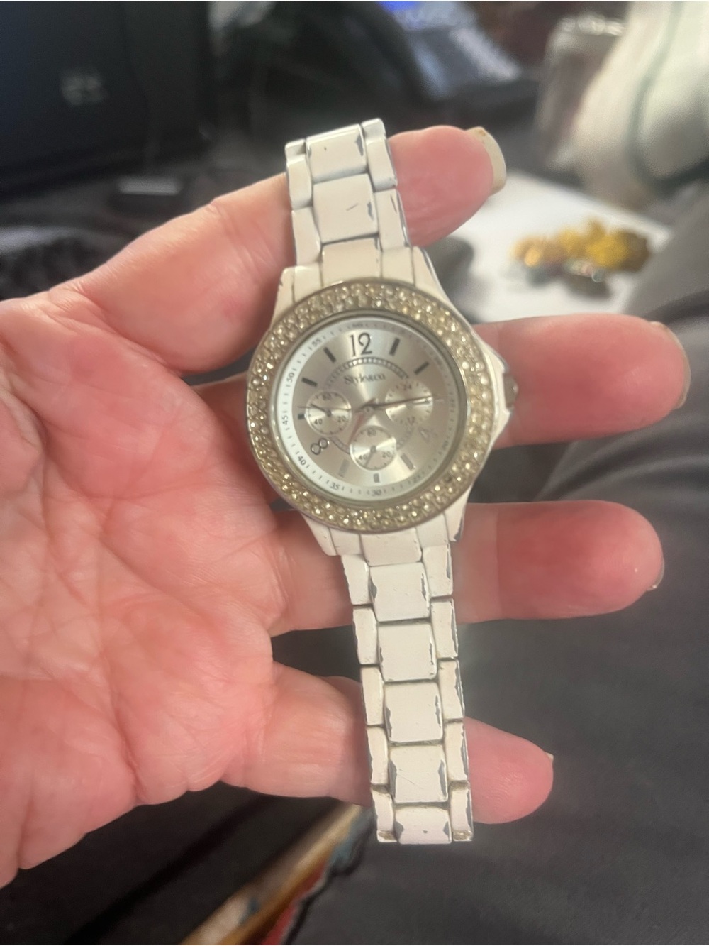 Rhinestone Accent White Ceramic-Look Bracelet Watch